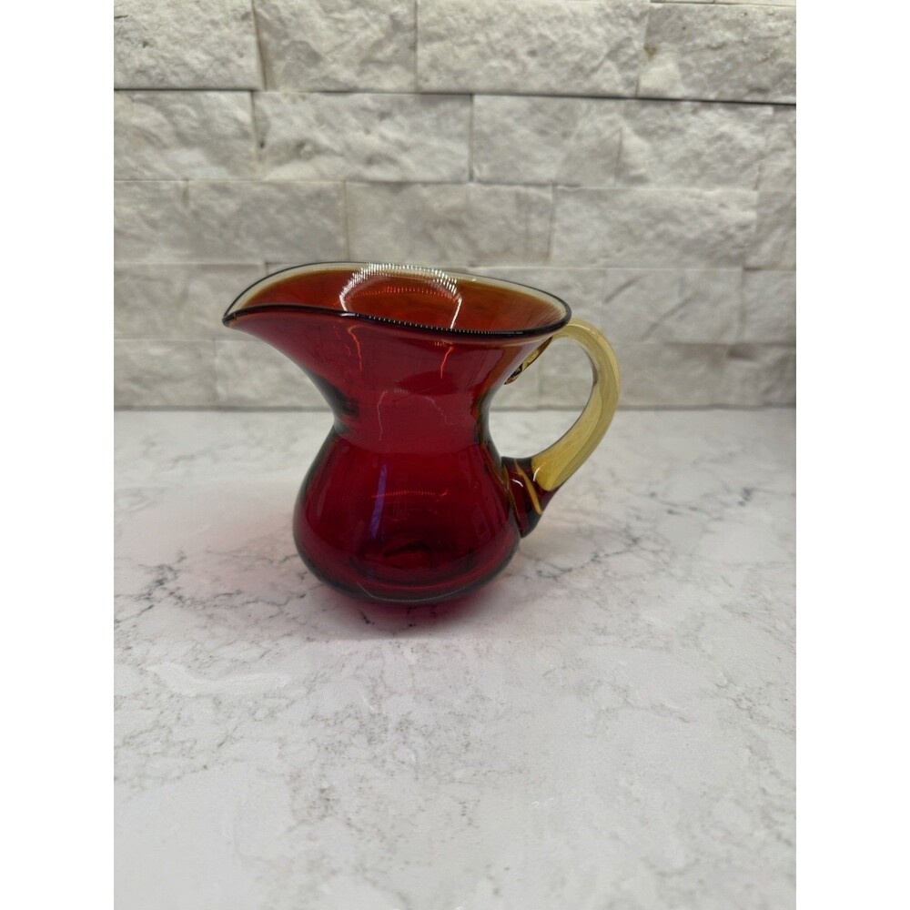 VINTAGE BLENKO RUBY RED PITCHER APPLIED AMBER HANDLE HAND BLOWN 6"
